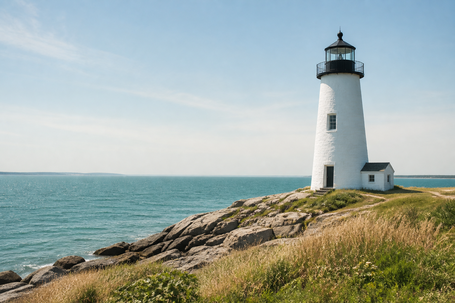 A white lighthouse overlooking calm blue water on a sunny shore